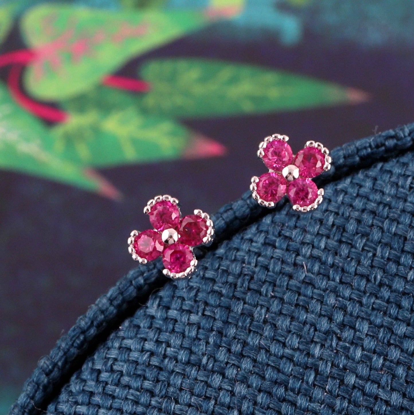 Attic Creations | Beautiful Sister | Red Crystal Petal Flower Silver Stud Earrings