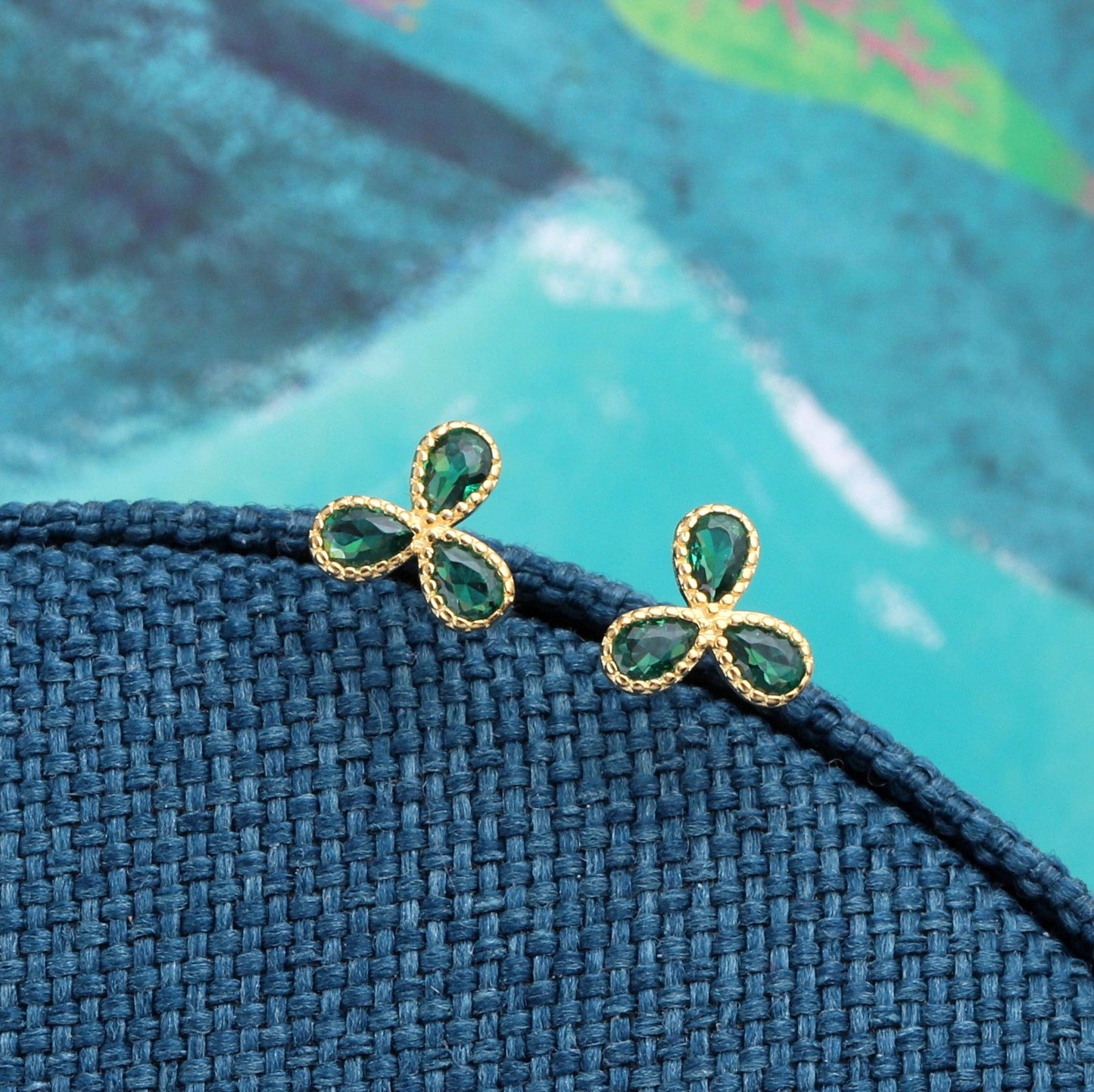 Attic Creations | Flower of Joy | Three Spiral Petal Stud Earrings Green Gem Gold