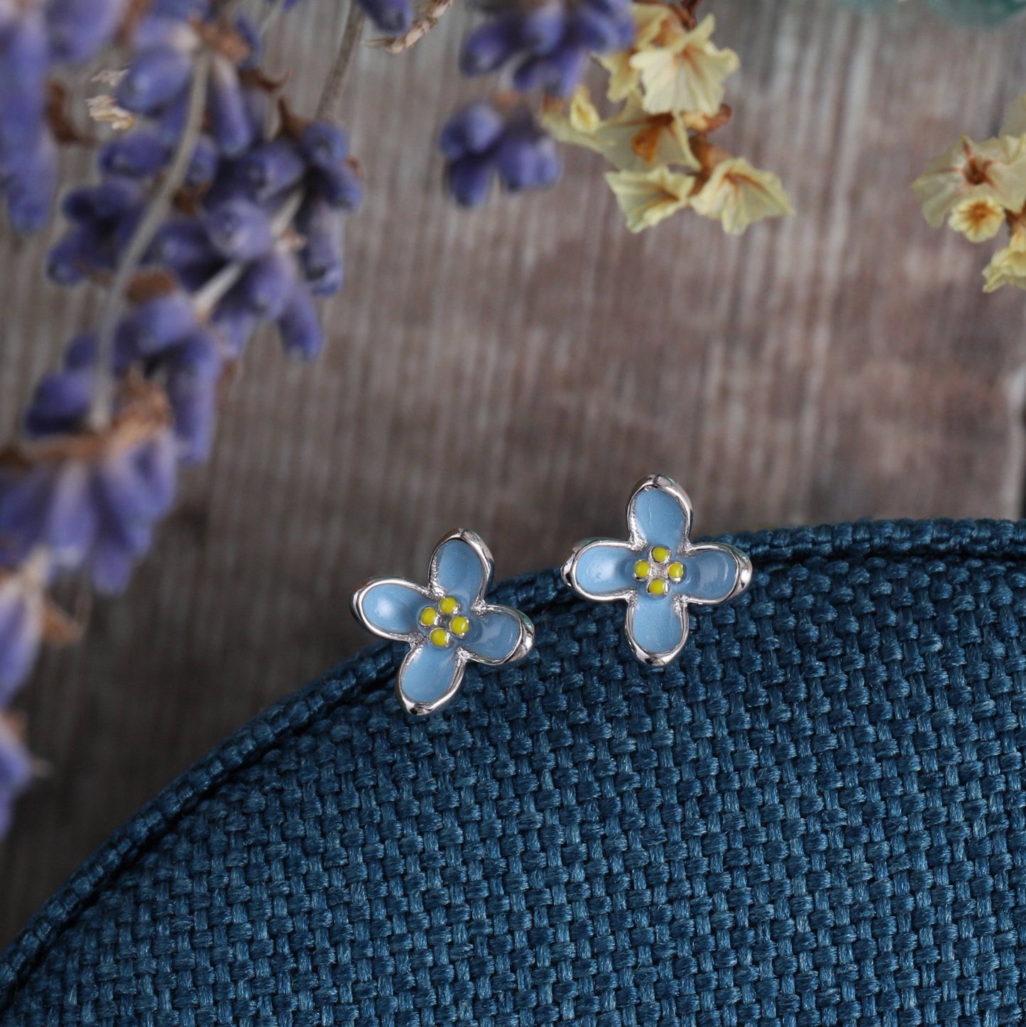 Attic Creations | You're My Favourite | Enamel Blue Flower Stud Earrings Silver