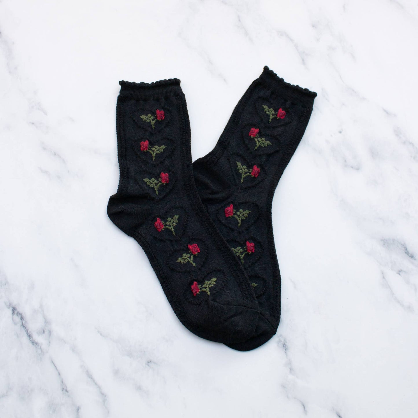 Tiepology | Women's Vintage Rose & Heart Casual Socks | Black