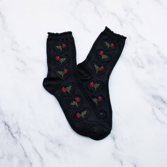 Tiepology | Women's Vintage Rose & Heart Casual Socks | Black