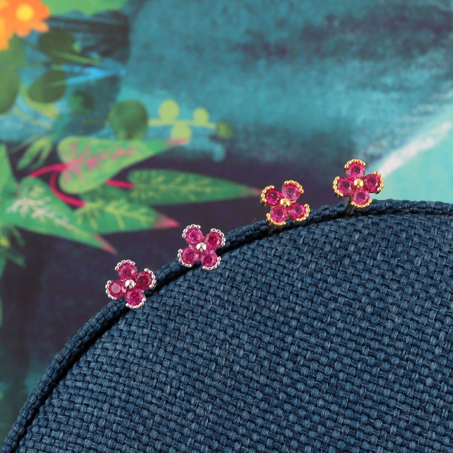 Attic Creations | Beautiful Sister | Red Crystal Petal Flower Silver Stud Earrings