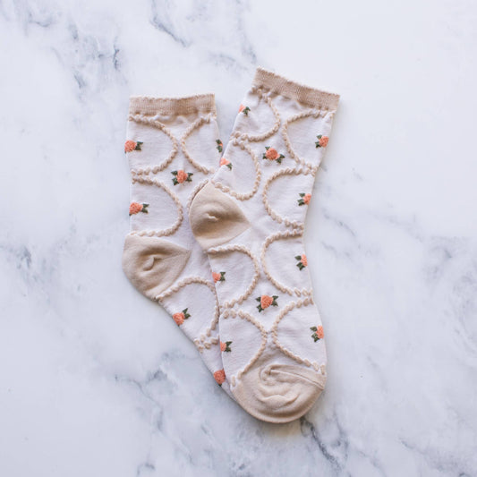 Tiepology | Women's Antique Floral Beige and Coral | Socks