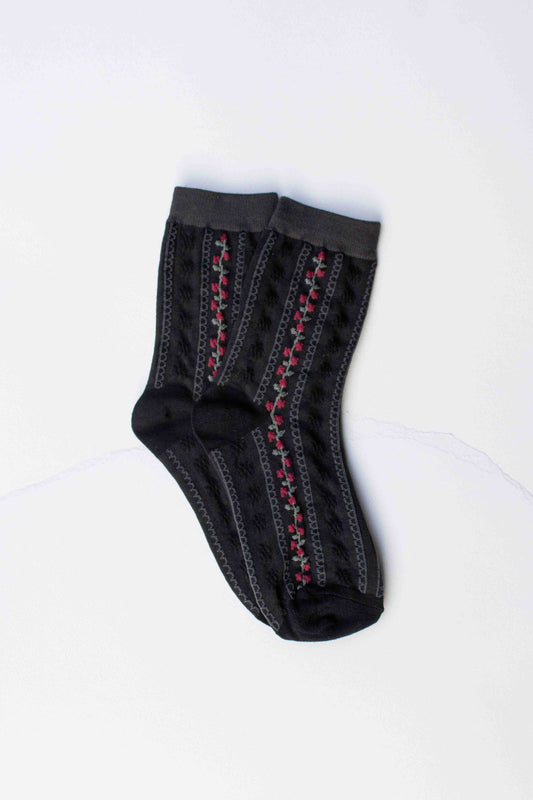 Tiepology | Vintage Stripe Floral Cotton Blend Socks | Black/Charcoal
