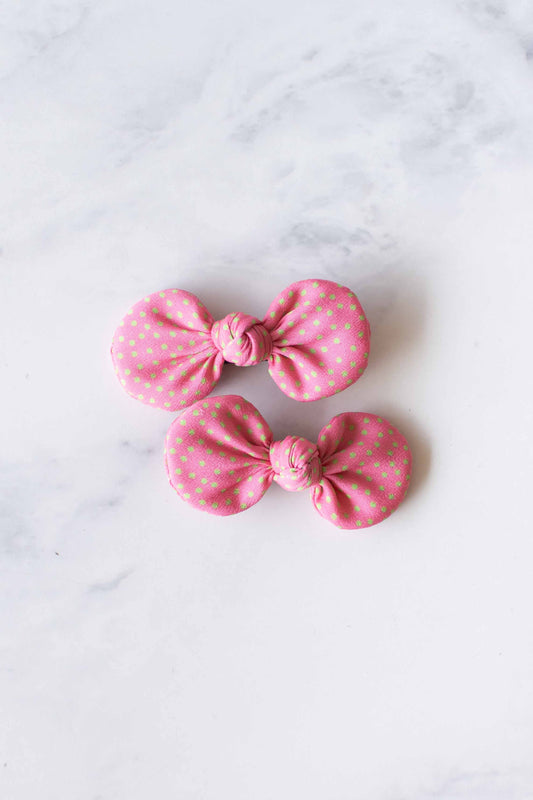 Tiepology |Tiny Polkadots Round Bow Hair Pin | Coral/Green Dot