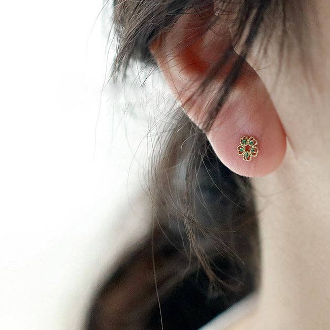 Attic Creations | Flower for Friend | Green Gem Flower Stud Earrings Silver