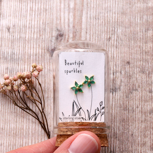 Attic Creations | Beautiful Sparkle | Five Crystal Flower Stud Earrings Gold Green