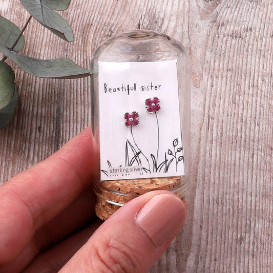 Attic Creations | Beautiful Sister | Red Crystal Petal Flower Silver Stud Earrings