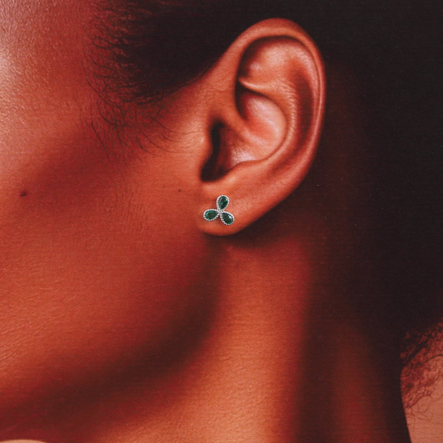 Attic Creations | Flower of Joy | Three Spiral Petal Stud Earrings Green Gem Gold