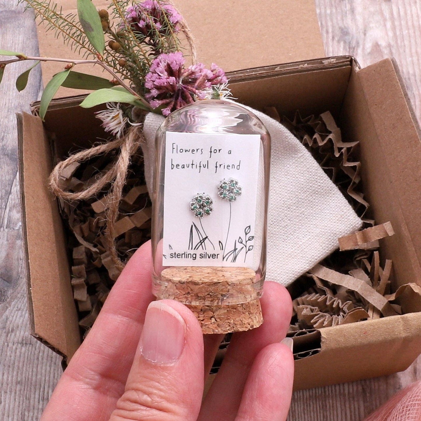 Attic Creations | Flower for Friend | Green Gem Flower Stud Earrings Silver