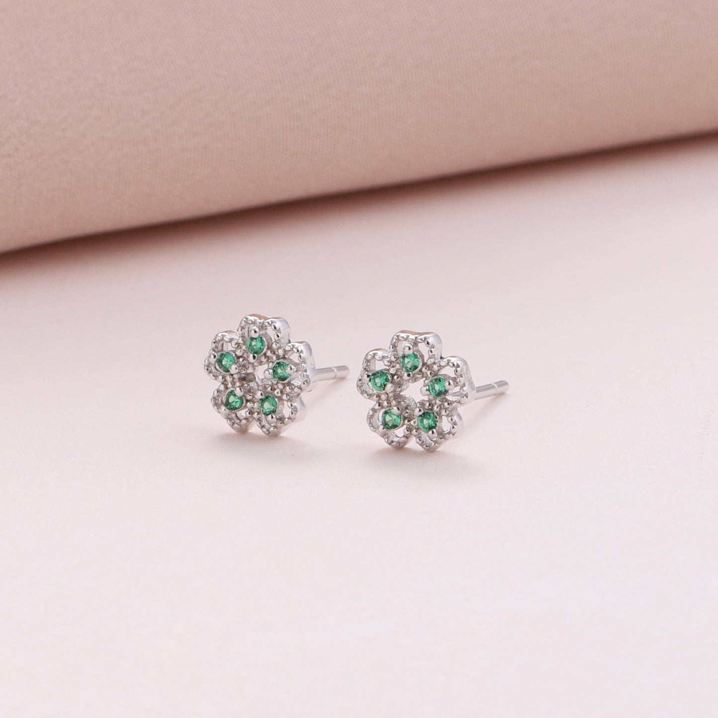 Attic Creations | Flower for Friend | Green Gem Flower Stud Earrings Silver