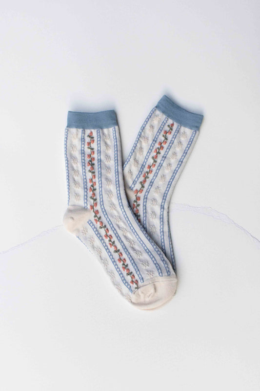 Tiepology | Vintage Stripe Floral Cotton Blend Socks | Ivory/Blue